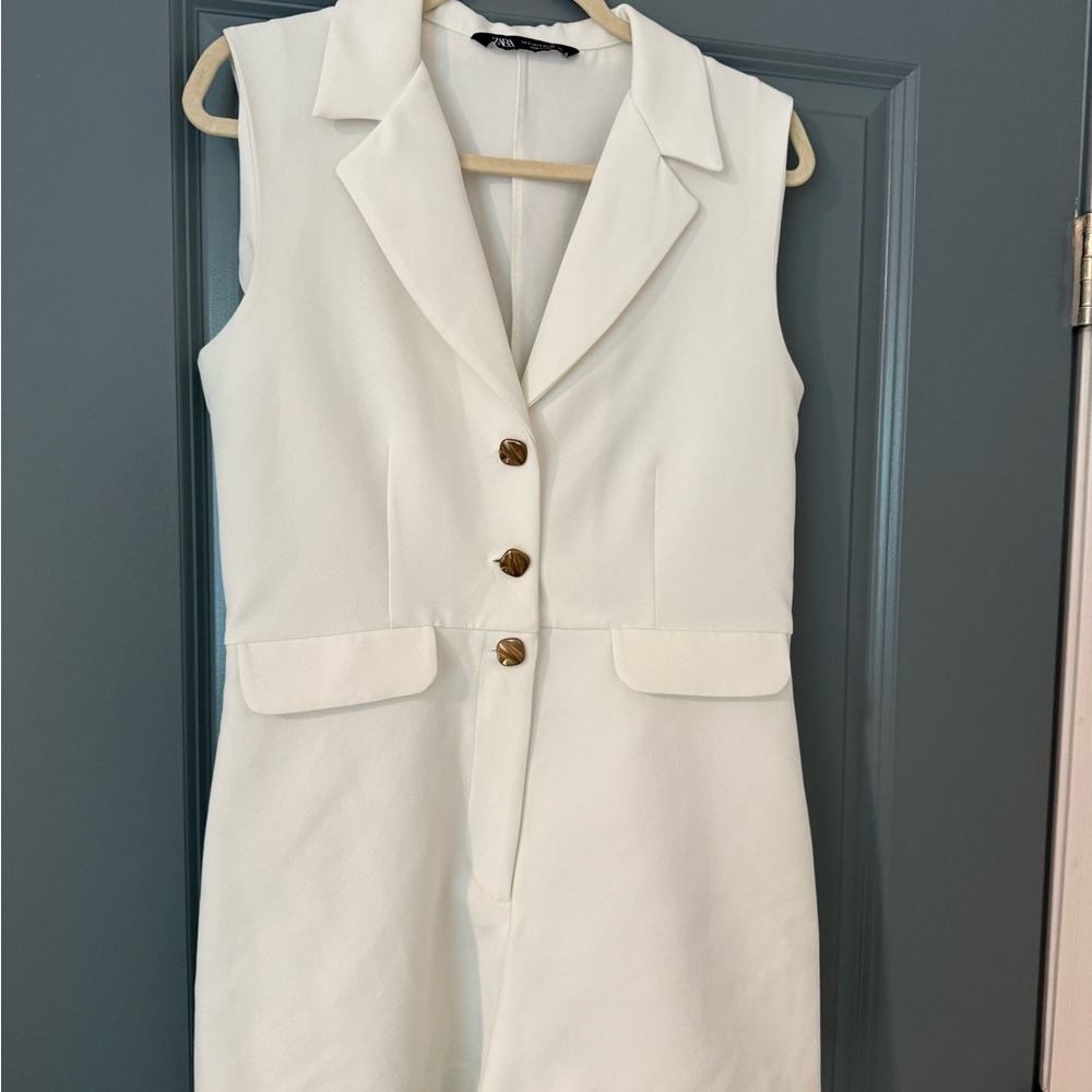 Zara Cream Sleeveless Blazer Romper with Gold Buttons
